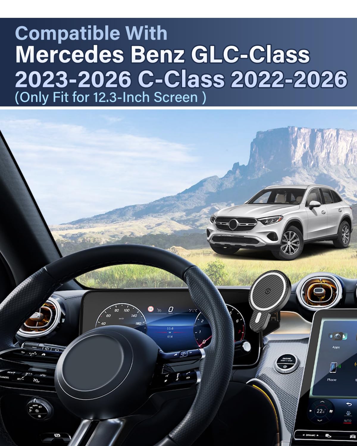 PZK Soporte de teléfono de coche para Mercedes Benz GLC 2023-2025 2026 / 2022-2025 2026, accesorios de clase C, clip fijo de 12.3 pulgadas, soporte magnético para teléfono de coche, cargador