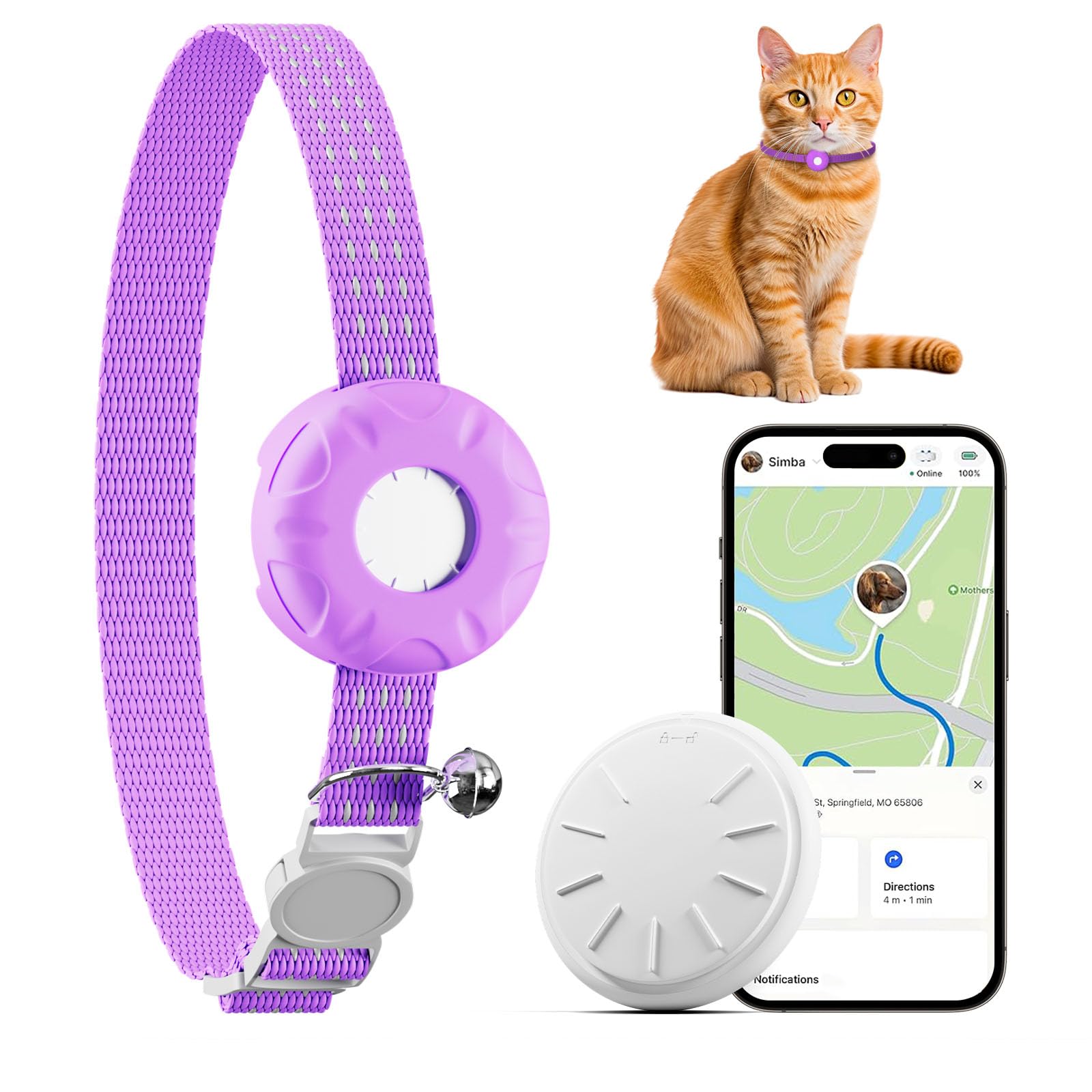Cat Tracker,No Monthly Fee Cat Tracker Collar (Only iOS),Waterproof Pet Tracker for Cats with Safety Elastic Buckle,Works with Any Collar,Compatible with Apple Find My App not for Android-(Purple)