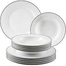 M ser Nola Series Dinner Service for 6 People Modern White with Black Rim 12-Piece Plate Set with Dinner Plates and Soup Plates Round Crockery Set Dinnerware Tableware; White