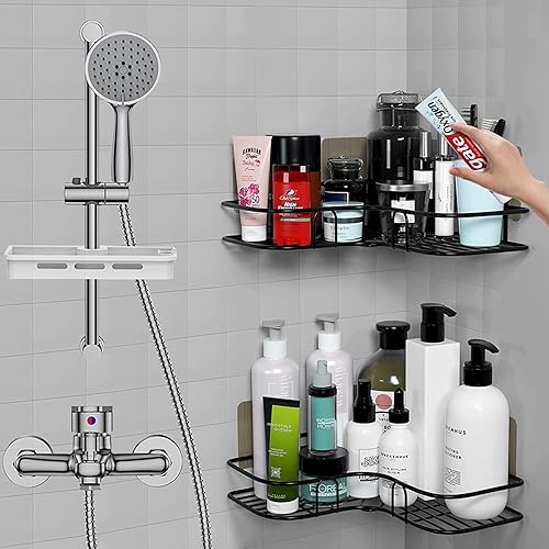 Miniatura 2 de Organizador de ducha de esquina con montaje de pared inoxidable para ducha con ganchos y autoadhesivo, almacenamiento de ducha para ducha interior,