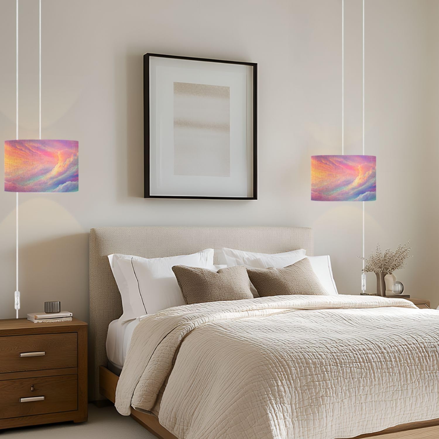 Plug In Pendant Light Colorful Cloud Girls Room Kids Clouds Sunset Sky Light Reflections Hanging Lamp with Clear Cord Fabric Shade Dimmable Switch for Bedroom Kitchen Living Room Light Fixtures