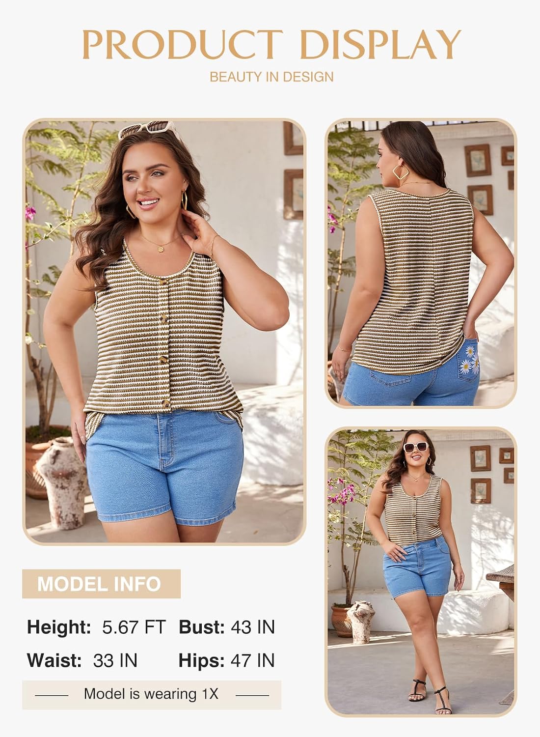 Eytino Women's Plus Size Tank Tops Fashion 2026 Summer Casual Crewneck Striped Knit Sleeveless Vest Loose Shirts,3X Brown Stripe image 4