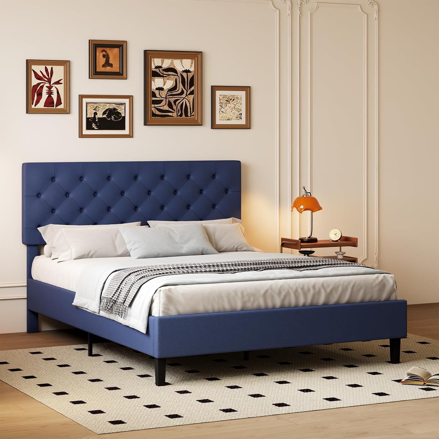 REVOMINCA Queen Bed Frame with Headboard, Faux Leather Upholstered Platform Bed Frame, Blue Bed Frame Queen Size, Wooden Slat Support, No Box Spring Needed, Navy Blue