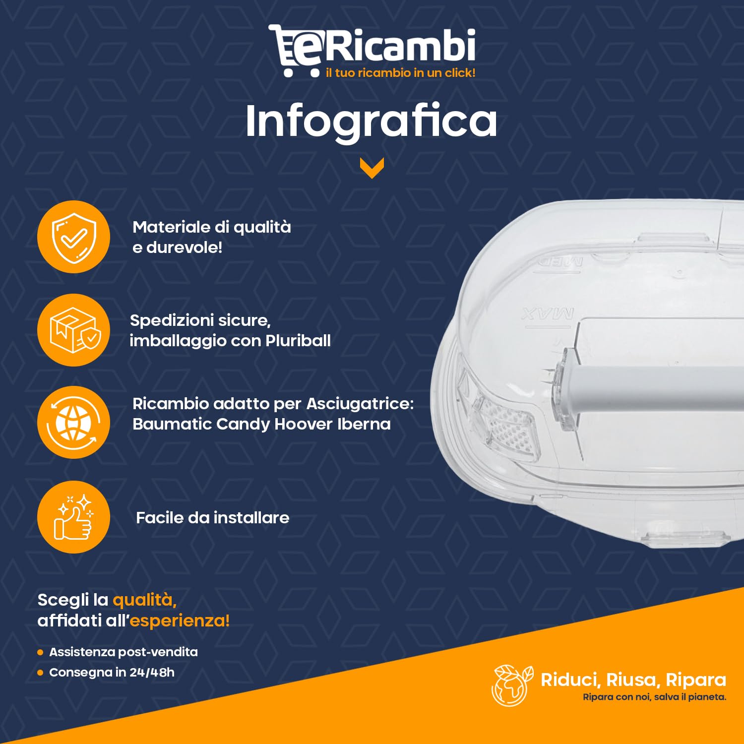 ERICAMBI® Kit Ricambio Compatibile con Asciugatrice Hoover Candy - Contenitore Tanica Raccolta Acqua Condensatore - Dimensioni: 380x420x80 (mm) - Trasparente - per Modelli HLEH 10 A2TCEX 17