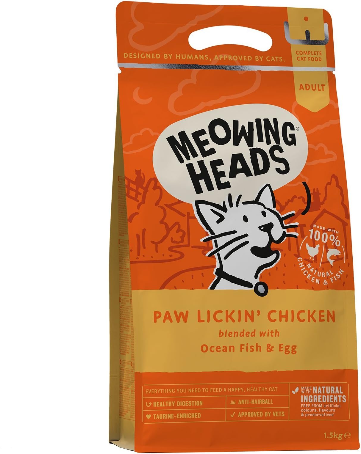 Meowing HeadsDry Cat Food - Paw Lickin' Chicken - 100% Natural Chicken and Fish with No Artificial Flavours, Good for Healthy Digestion, 1.5 kg
