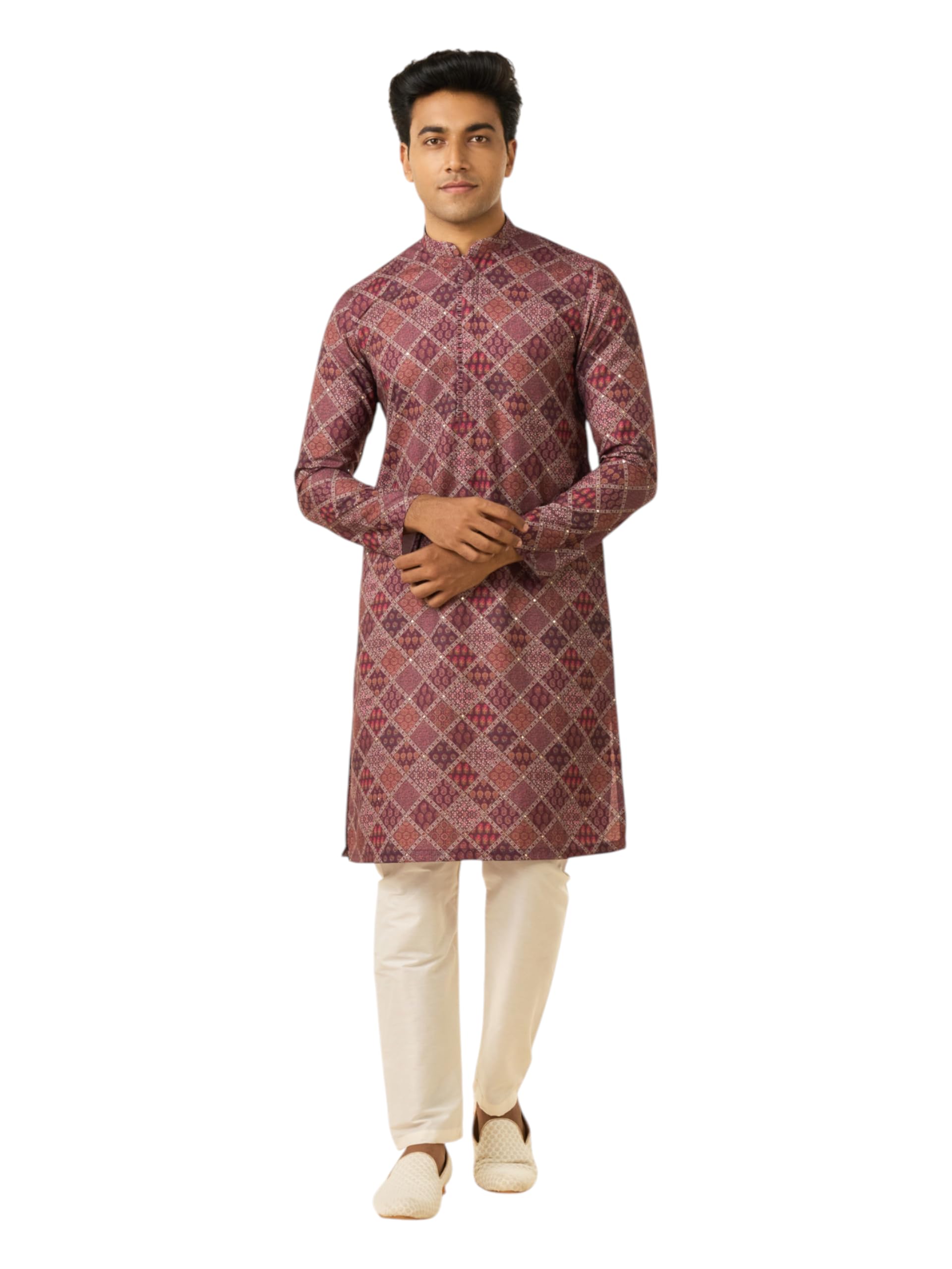 diwas by manyavar Men's Cotton Blend Ethnic Motifs Patchwork Printed Kurta Set (2pcs)-picture-21