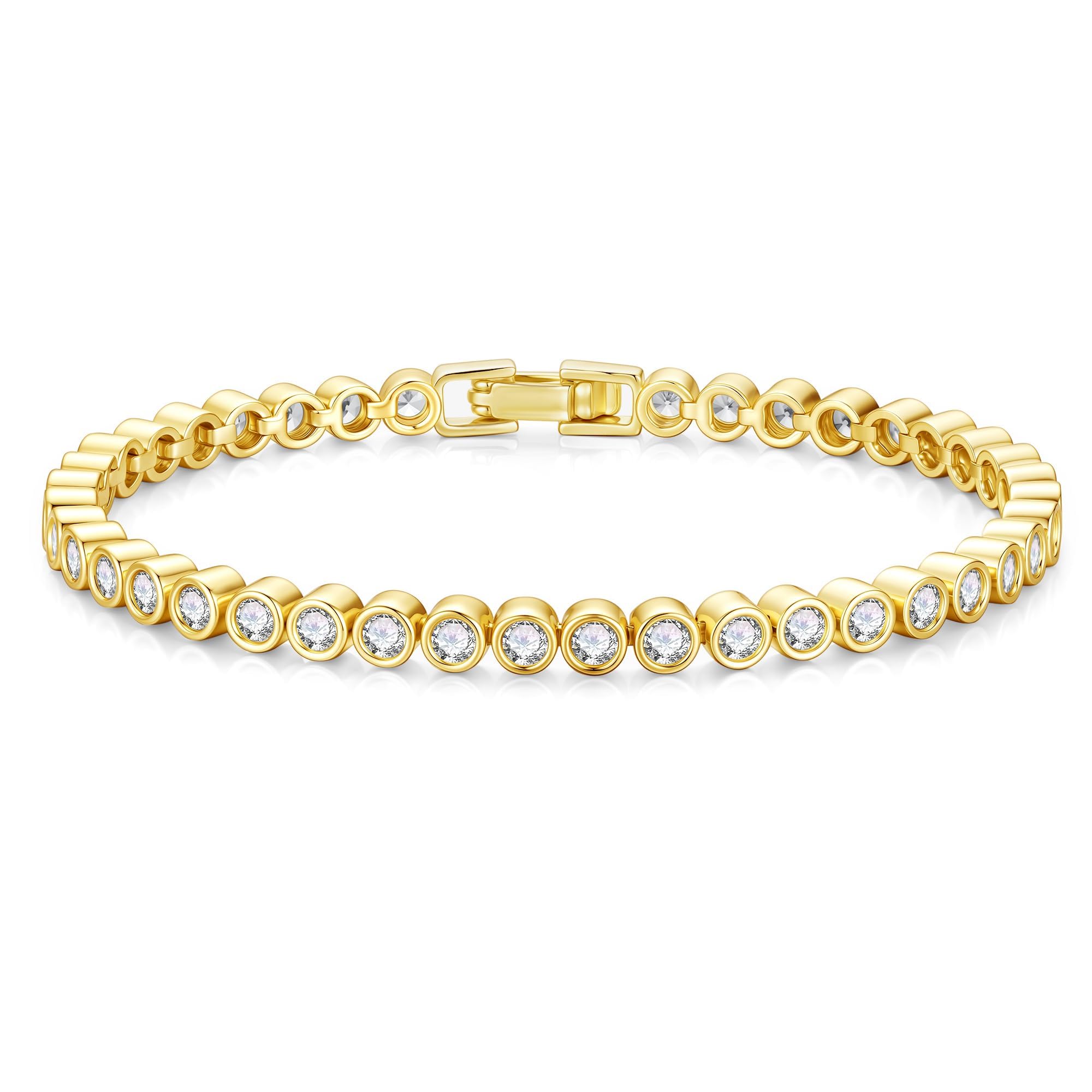 Pulsera de Tenis Mujer Oro Brillante – Brazalete Clásico con Circonita Cúbica de 4mm, Pulsera Dorada Elegante y Brillante, Joyería de Moda para Cumpleaños, Aniversario o Día de la Madre, 16,5cm