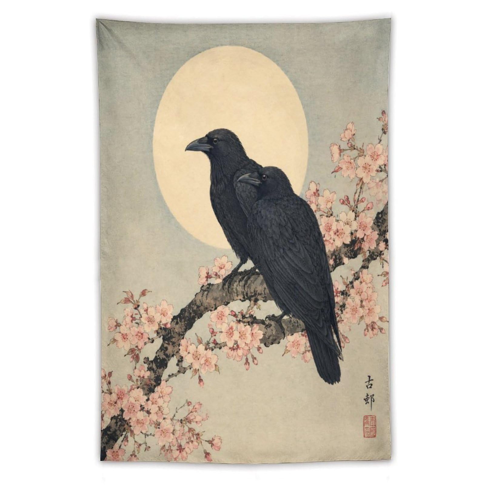 H3B8U2Y5 Raven Silhouette and Moon Wall Tapestry, Ukiyo-e, Moonlit Stage