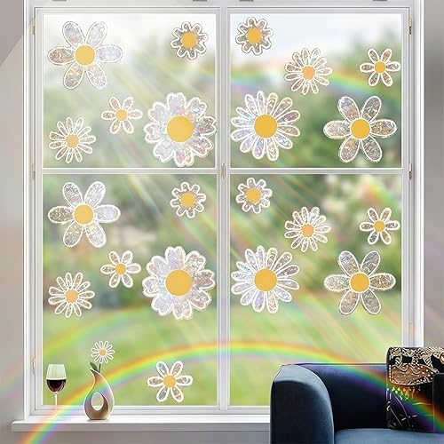 Obluchye 5 Sheets Daisy Window Stickers, Spring Flowers Reflective Window Clings, Daisy Suncatchers Anti Collision Static Window Decals for Prevent Bird Strikes Display Shop Office Supplies - 7