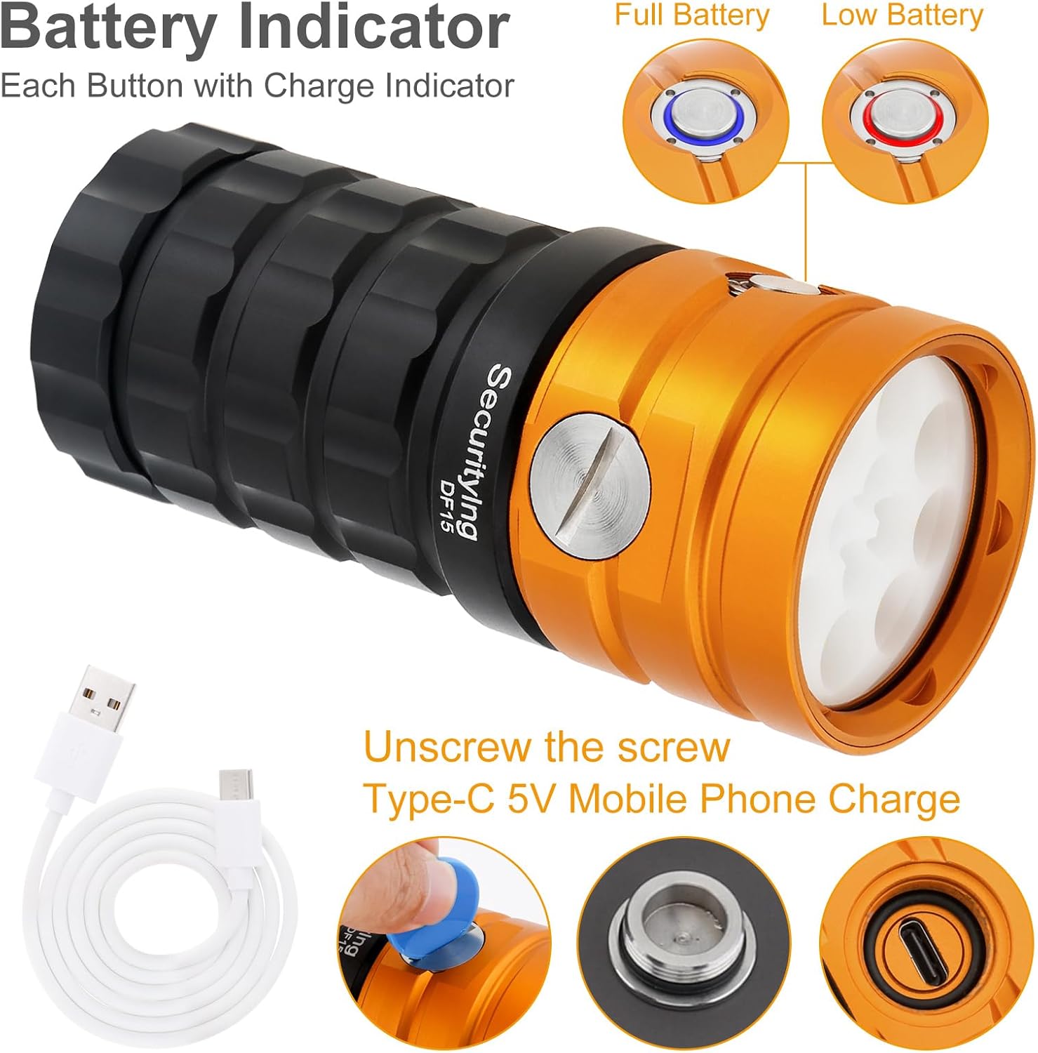 SecurityIng Dive Light for Underwater Photography, DF15 25000 Lumens, 100m Underwater Video Light, Aluminum Alloy Diving Flashlight with Type-C Charging Waterproof Flashlight for Diving