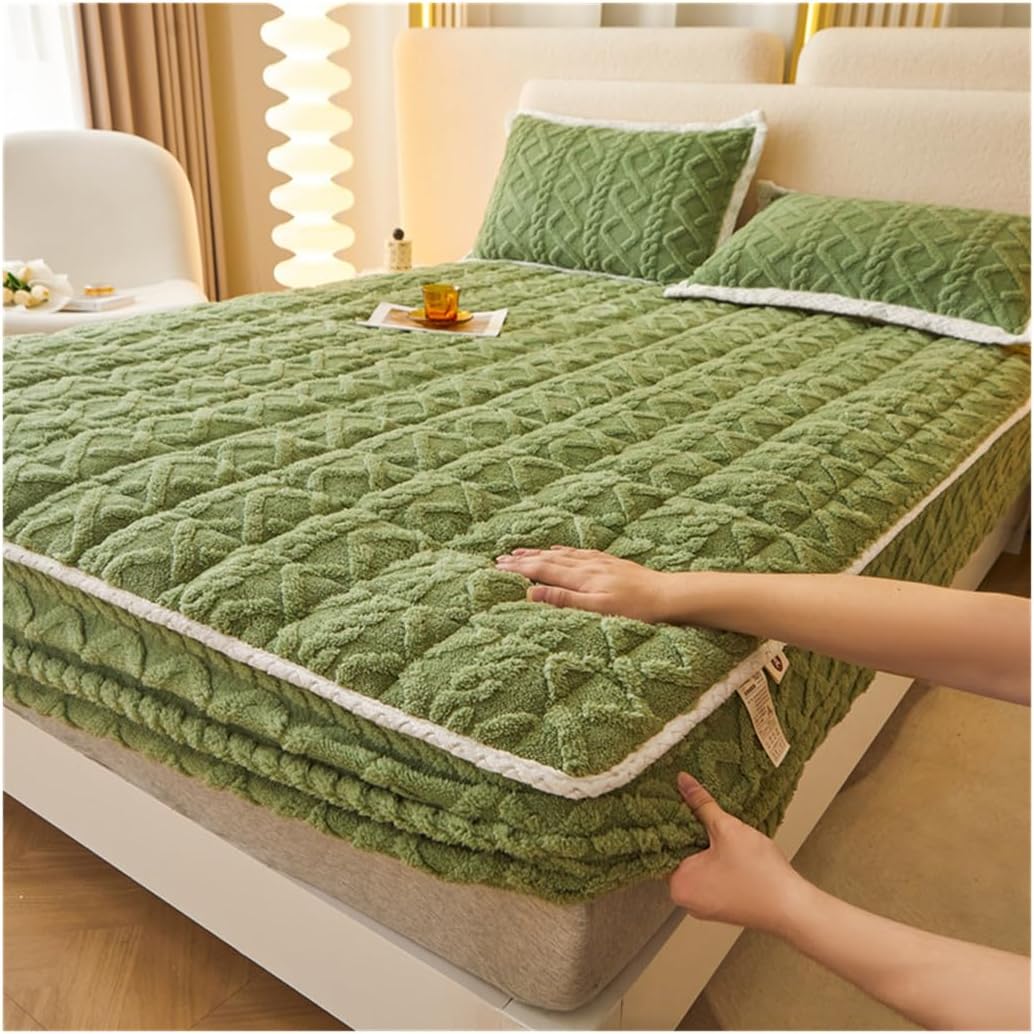 Jacquard Flannel Fitted Sheet, Milk Velvet Sheets, Elastic Bed Sheet Fluffy, Mattress Protector Bedspread (Green,Full:47x79in(120 * 200CM))