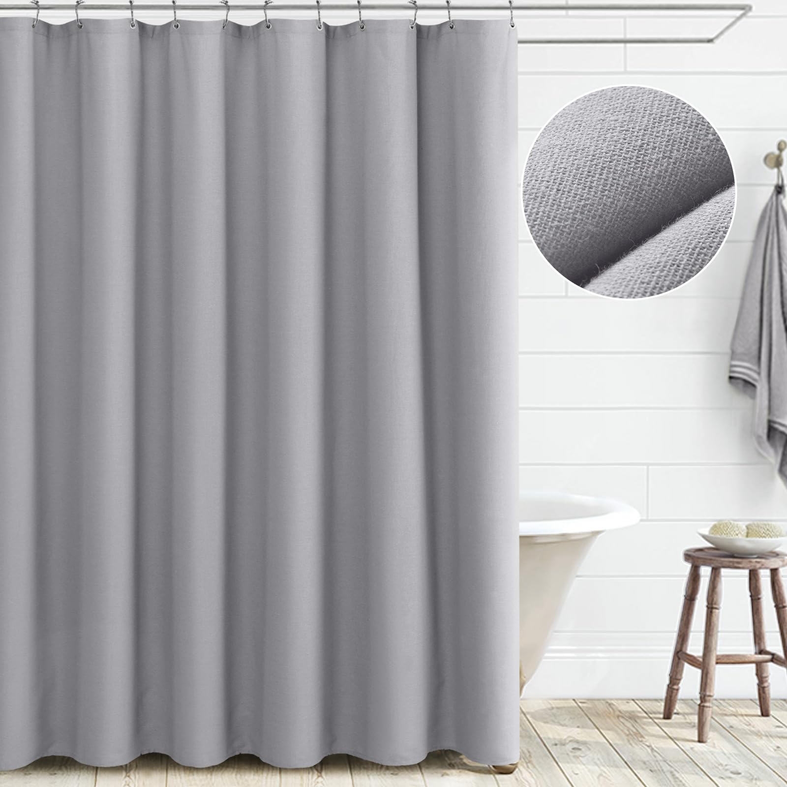 Awellife Extra Long Shower Curtain 84 Inch Length Gray Linen Shower Curtain for Bathroom Natural Cloth Cotton Fabric Liner Grey