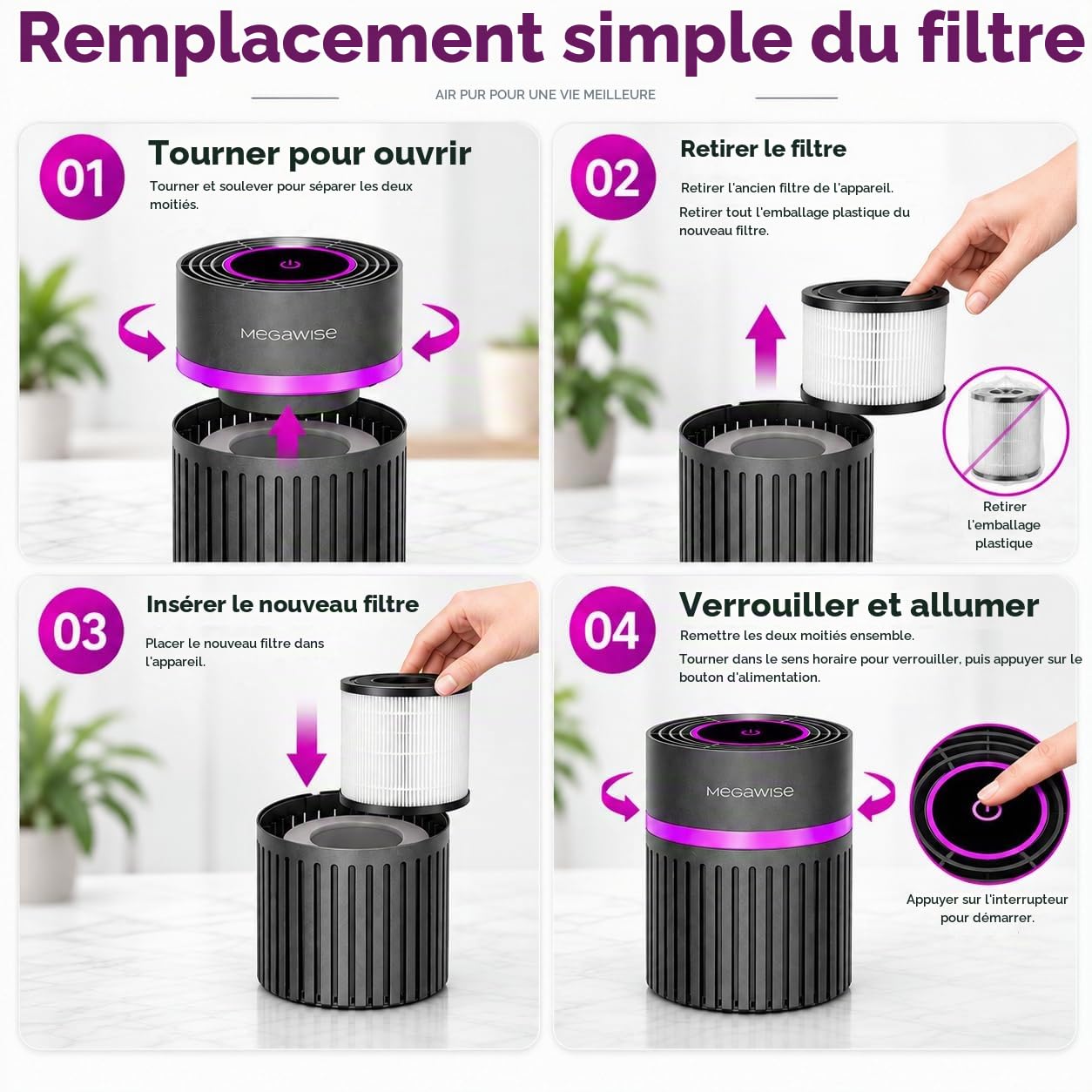 MEGAWISE H13 Purificateur d'air HEPA pour la maison, le bureau avec véritable filtre HEPA pour éliminer les particules à 99,97 %, design compact ultra silencieux pour chambre, bureau et petites pièces