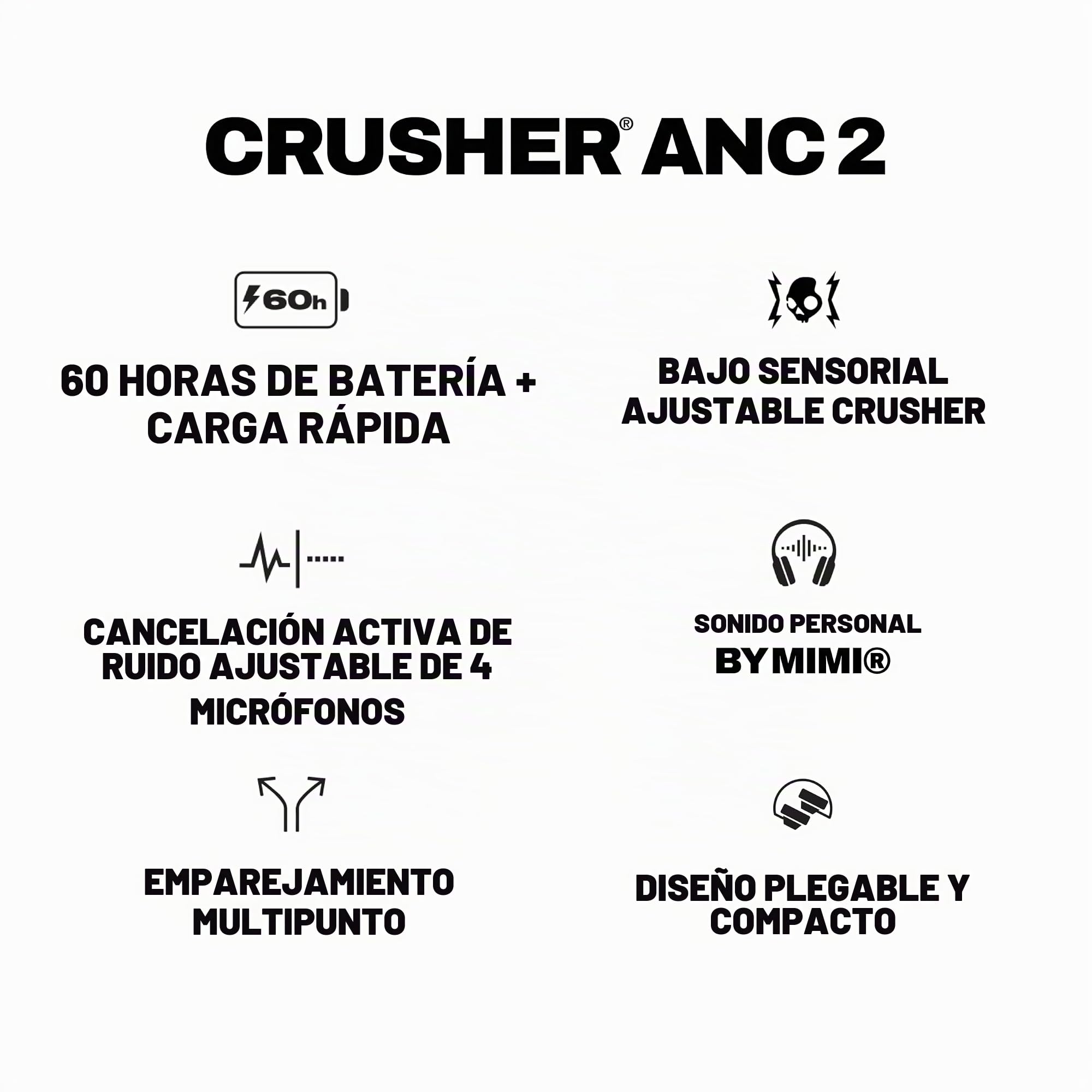 Skullcandy Crusher ANC 2 Cascos Inalámbricos Bluetooth Over-Ear, Multi-Sensory Bass, Cancelación Activa de Ruido, 60 Horas de Autonomía - Blanco