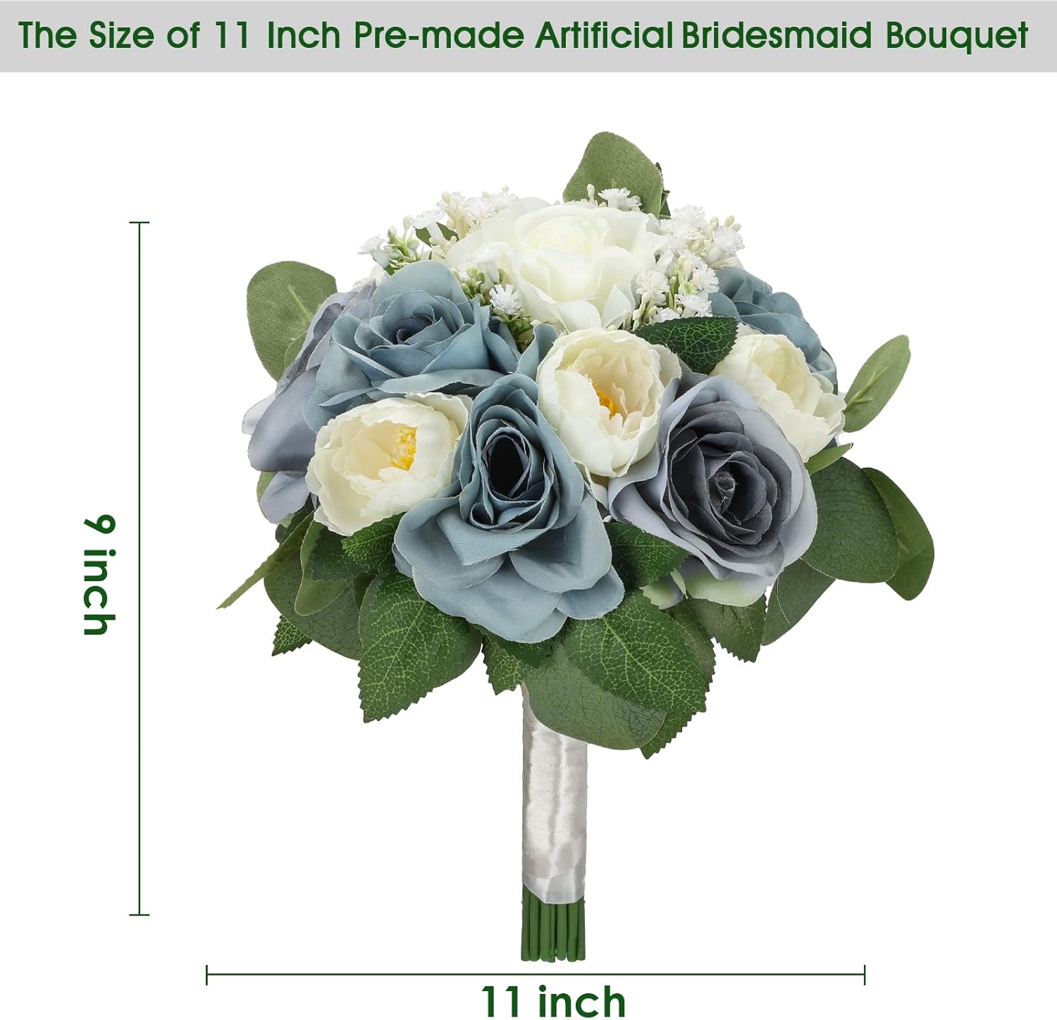 Wedding Bouquets for Bride, 11 Inch Bridesmaids Bouquets Artificial Flower Bouquets for Wedding Ceremony Bridal Shower Decorations - Dusty Blue & White - Image 2