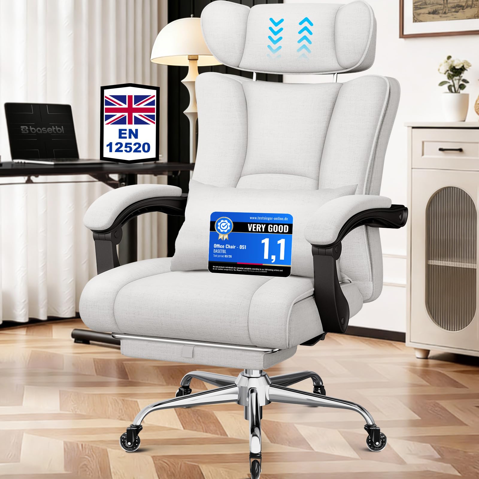 BASETBL Executive Office Chair 200kg Heavy Duty, Big and Tall Ergonomic Computer Desk Chair with 60cm Wide Spring Seat, Adjustable Headrest, Lumbar Support, Footrest & Synchronized Armrests, Grey XXL
