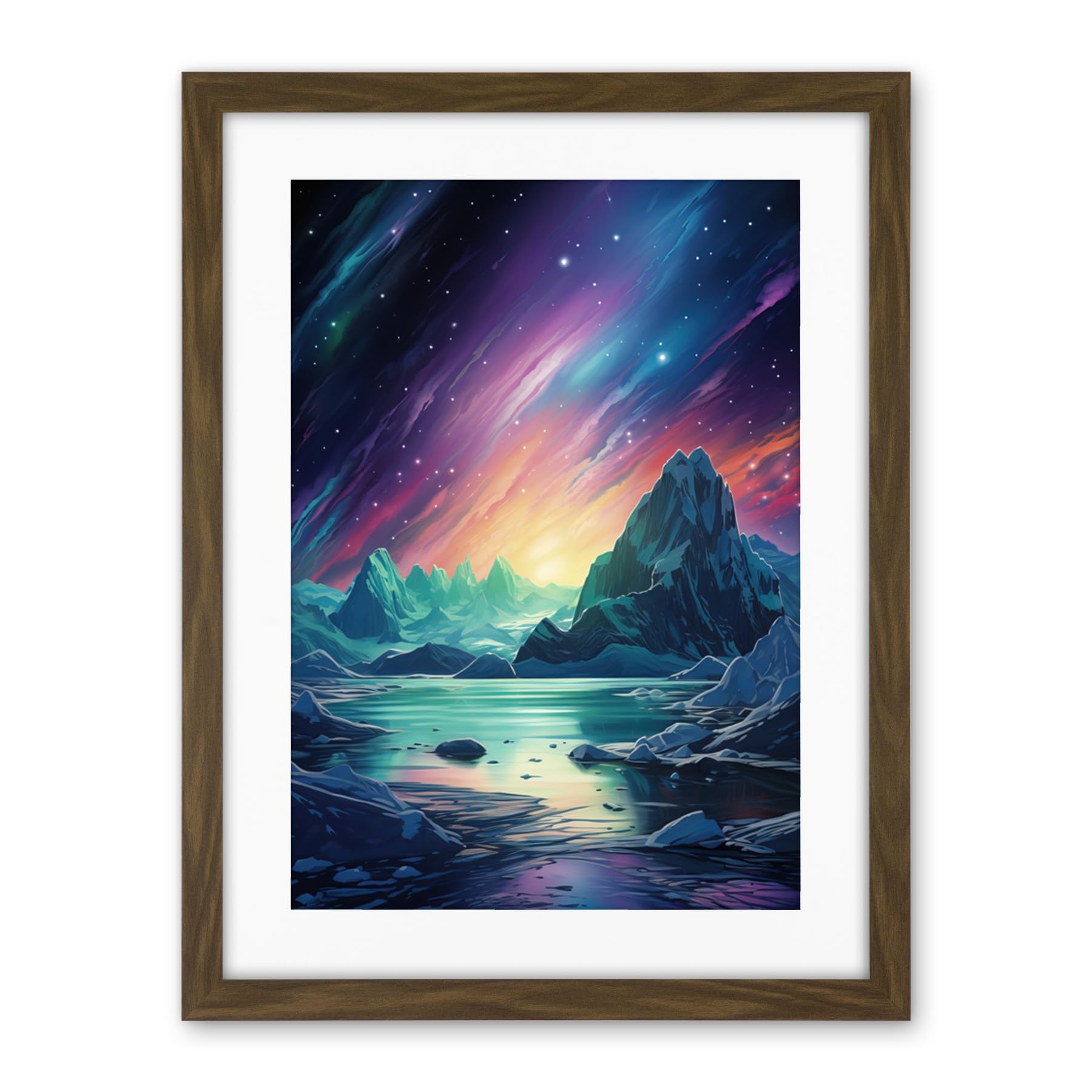 Artery8 Purple Aurora Borealis Dawn in Antarctica Oil Painting Blue Green Enchanting Arctic Ice Fantasy Landscape Artwork Framed Wall Art Print 18X24 Inch