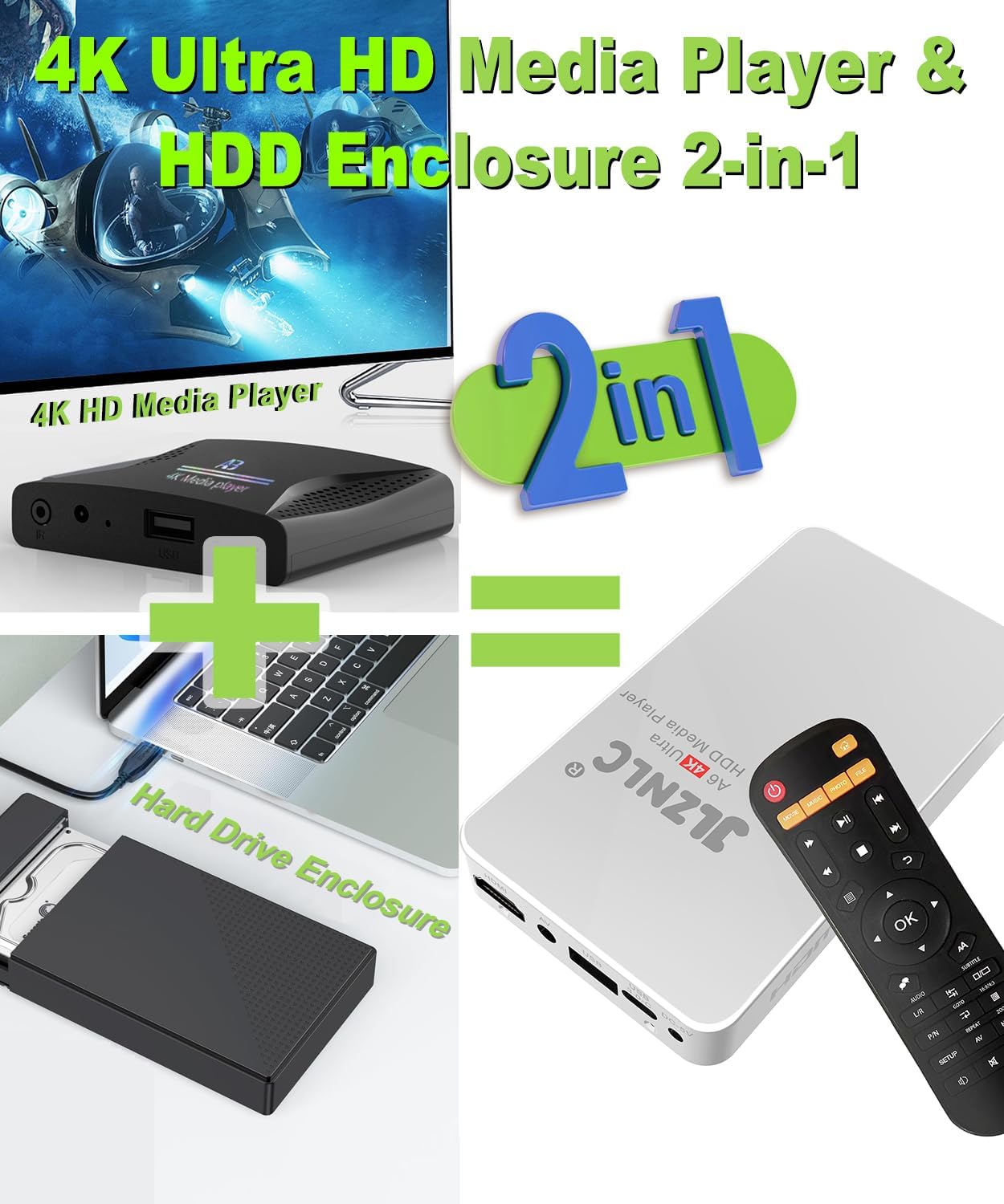 4K Ultra HD Media Player & HDD Enclosure 2-in-1,Digital Signage, Play H.265/HEVC H.264/AVC MP4 MKV Videos,MP3 Music,JPG Photos,Auto Playback and Resume,Supports HDDs,USB/SD Card,4k HDMI,Analog AV.
