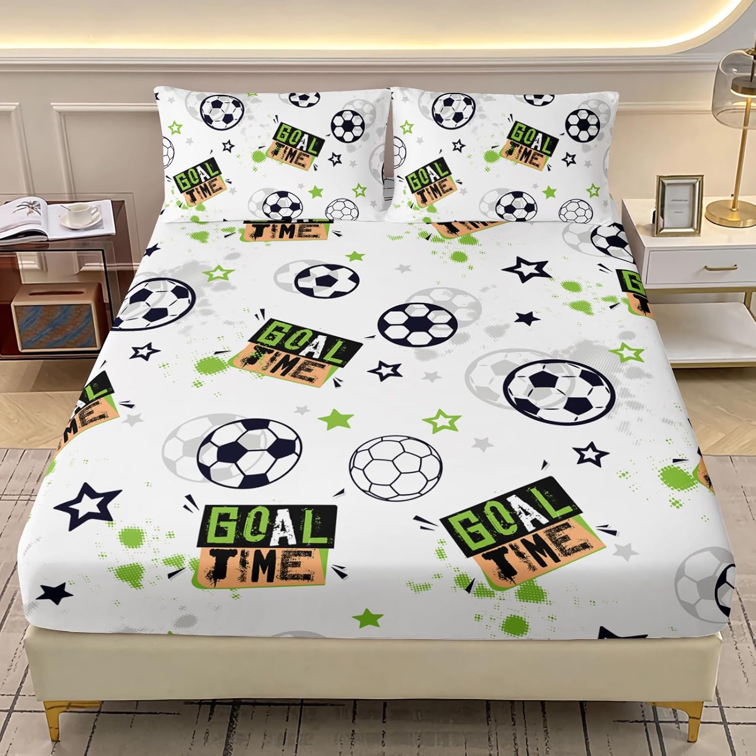 AILONEN Cartoon Soccer Pattern Bed Sheets Set for Kids Teens Twin Size, Soccer Sports Theme Bedding Sets,Goal Time Style Bedsheets Set,1 Fitted Sheet and 2 Pillowcases,3 Pcs