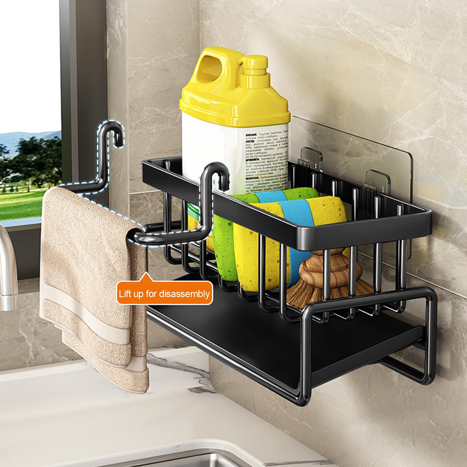 Kitchen Sink Caddy Organiser, Wall Mounted Sponge Holder Sink Caddy Organizer, Sink Caddy with Removable Drain Tray - Image 3
