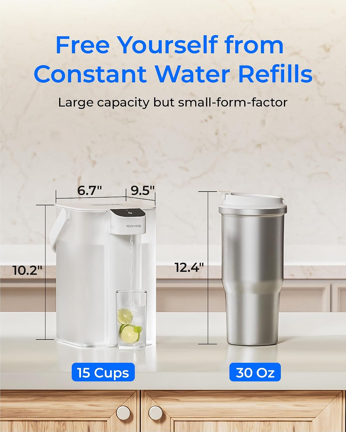 Waterdrop ED61W Rechargeable Water Filter Dispenser, 15-Cup, White | 200-Gallon Water Pitcher, Instant Countertop System, 10X Filtration Efficiency, Reduces 98% Chlorine and 20+ Contaminants