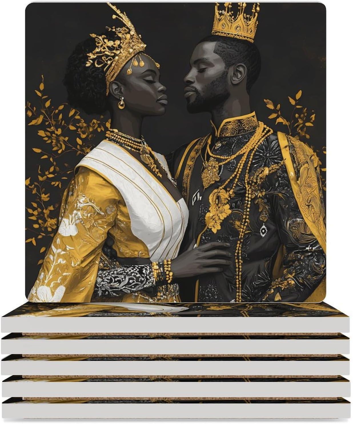 African Black King and Queen Funny Ceramic Coasters for Drink Absorbent Cup Holders Tabletop Protection