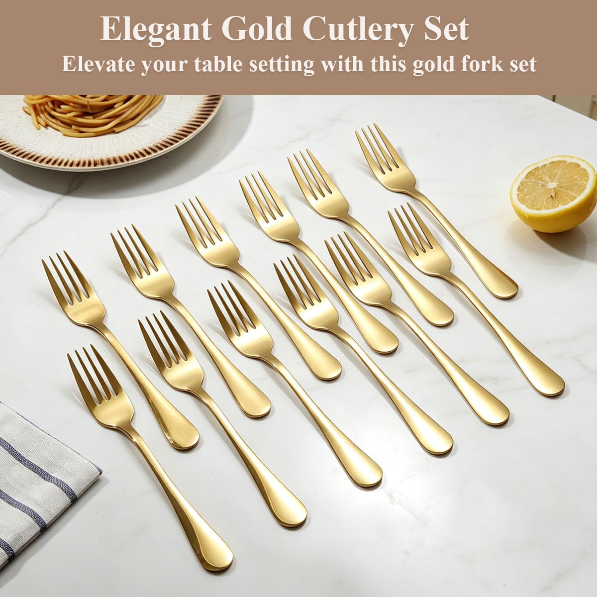 Berglander 12-Piece Gold Dinner Forks Set, 7.28" Titanium Gold Plated Stainless Steel Table Salad Forks for Home Restaurant Hotel Wedding Party, Dishwasher Safe — Amazon image 7