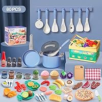 Vista 2 de 80 piezas de juego de cocina, juego de cocina de imitación para niños pequeños con ollas, sartenes, utensilios de cocina, alimentos, manta de Azul