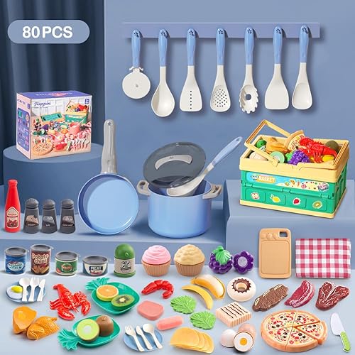 Vista 2 de 80 piezas de juego de cocina, juego de cocina de imitación para niños pequeños con ollas, sartenes, utensilios de cocina, alimentos, manta de Azul