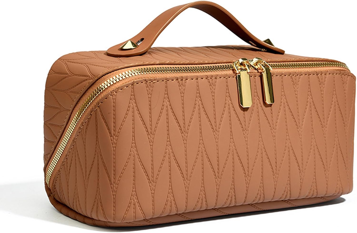 Leather portable travel makeup bag, large-capacity women's cosmetic bag, with divider and handle, toiletry bag, flat-opening, portable, waterproof