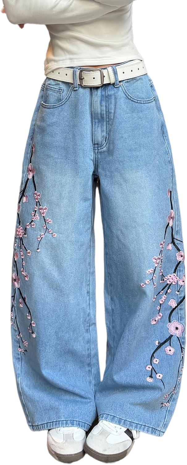 1pc of American Retro Heavy-Duty Floral Embroidered Loose Jeans, Street Trendy Urban Style Fashionable And Versatile Light Blue Wide-Leg Pants for Women (Excluding Belt/Excluding Add...
