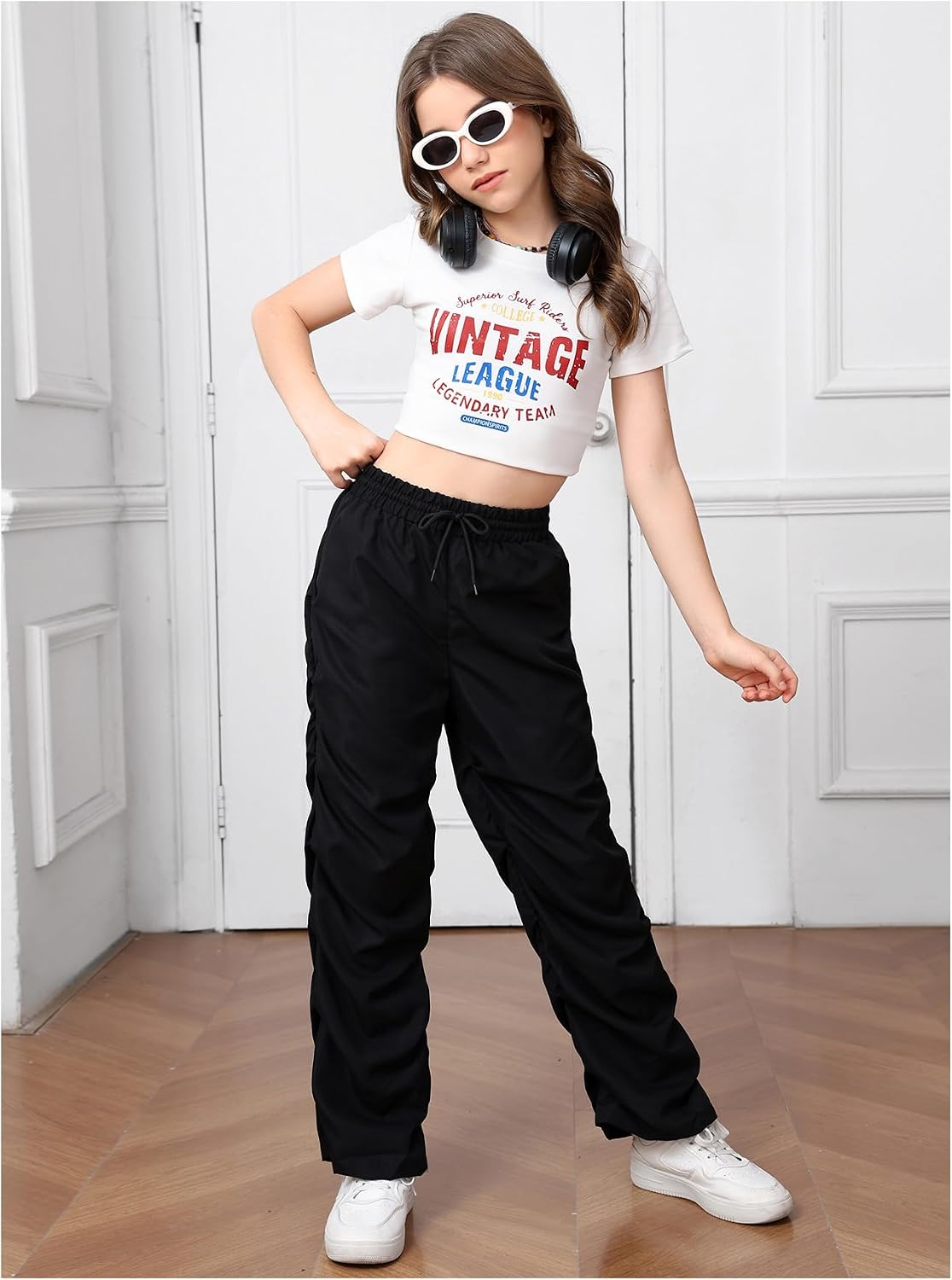 Verdusa Girl's Wide Leg Athletic Baggy Pants Drawstring Waist Track Pants