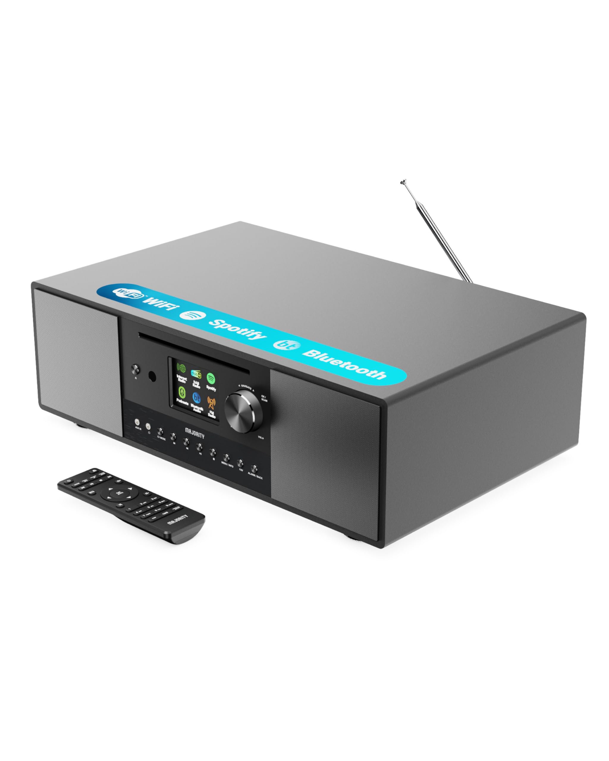 Internetradio WLAN mit CD Player | Stereoanlage Bluetooth mit Radio DAB+ & UKW | 120W 2.1 Stereo Lautsprecher mit Eingebauter Subwoofer | Küchenradio mit Spotify Connect & Podcasts | MAJORITY Quadriga