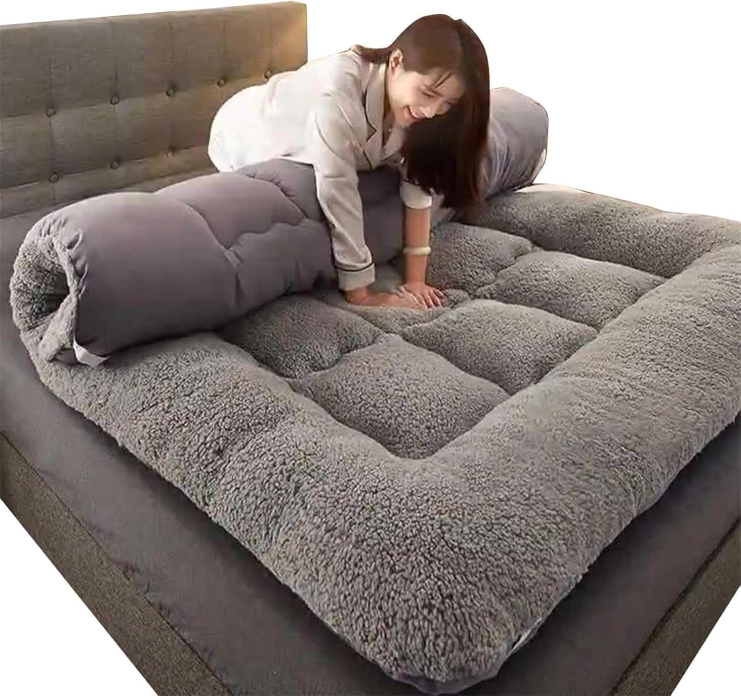 Thick Sleeping Pad, Japanese Floor Mattress, Roll Up Mattress, Soft Fluffy Foldable Bed Mattress, Floor Bed Guest Mattress (Color : Gray, Size : Twin)