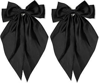 فيونكة شعر سوداء كبيرة من تولوبي مع ذيل طويل من قطعتين، مشبك شعر أسود معدني، شريط ساتان ناعم، فيونكة شعر لفساتين الزفاف، اكسسوار للنساء والفتيات الصغيرات والمراهقات