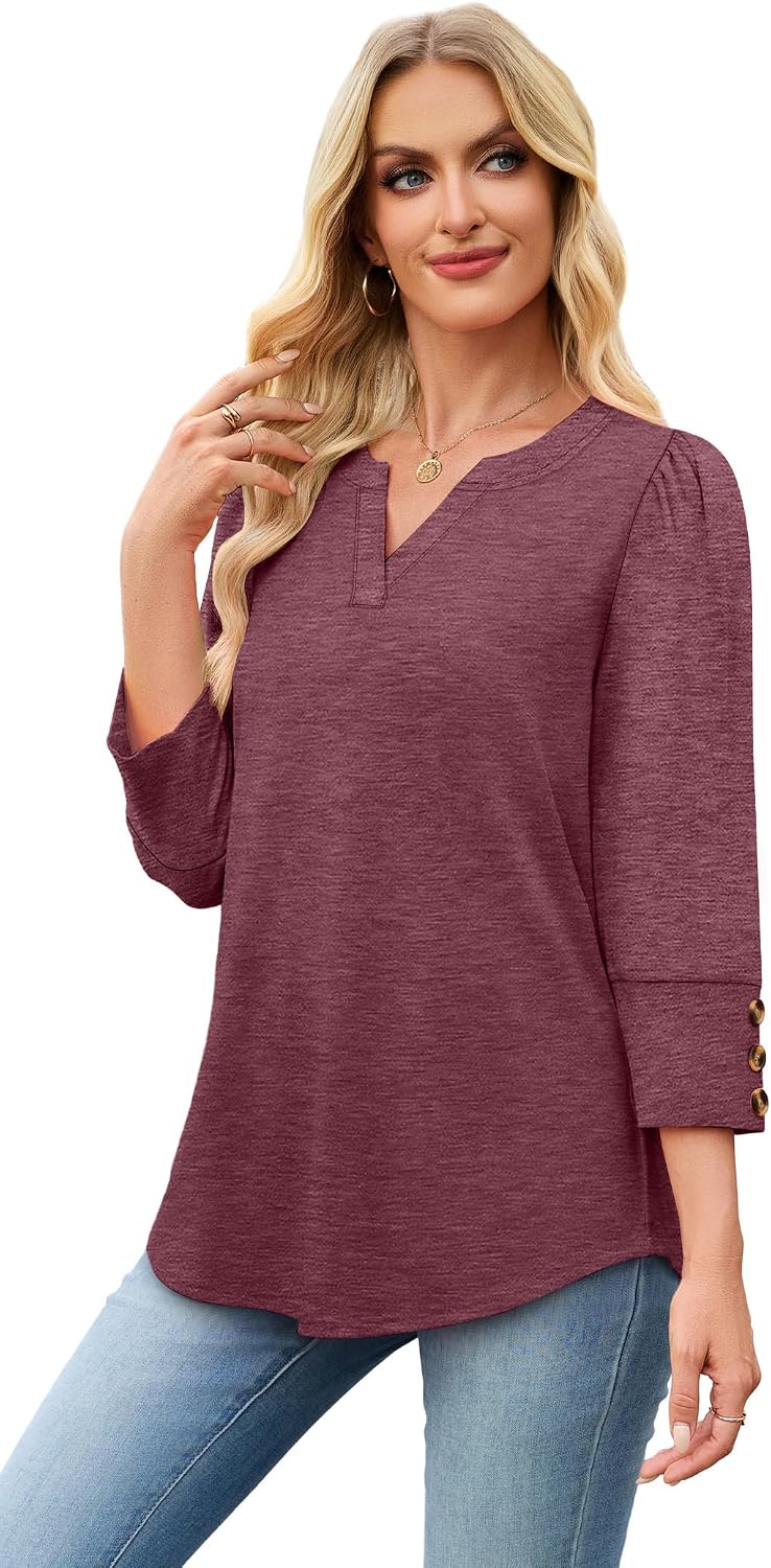 WIHOLL 3/4 Length Sleeve Womens Tops with Button Cuffs Dressy Casual V Neck Summer Outfits Early Fall Fashion Spring Clothes thumbnail