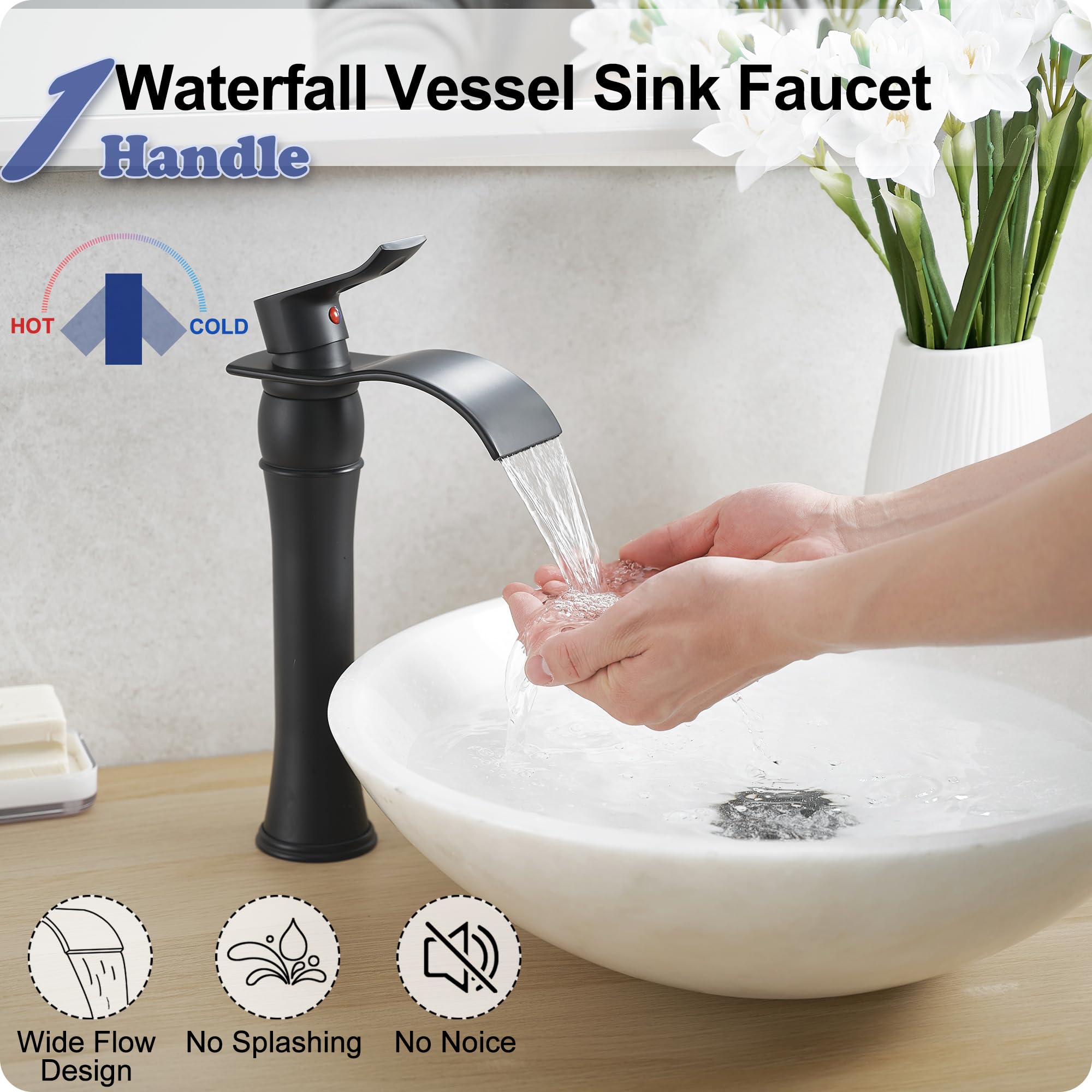 Rubinetto per lavabo da appoggio nero, rubinetto alto a maniglia singola per lavabo da bagno, set di rubinetti per vasca da bagno a cascata in ottone massiccio, rubinetto per vasca a 3 fori nero opa