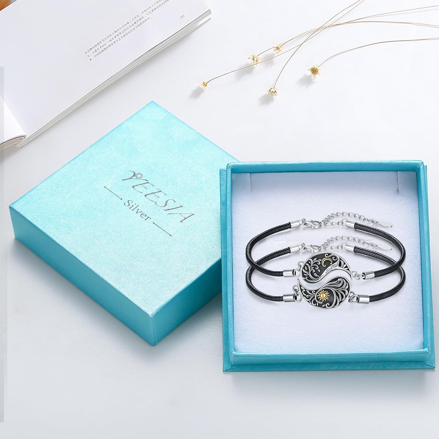 Yin Yang Bracelet 925 Sterling Silver Couple Friendship Bracelets Tree of Life/Sun Moon/Mountain/Lotus Abalone Jewelry for Women Men Couples, Leather Cord 7+2 in - Image 7