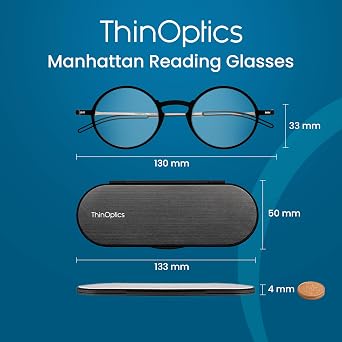 ThinOptics Unisex Adult Glasses Reading, Regular Case / Round Black, 2.00 US