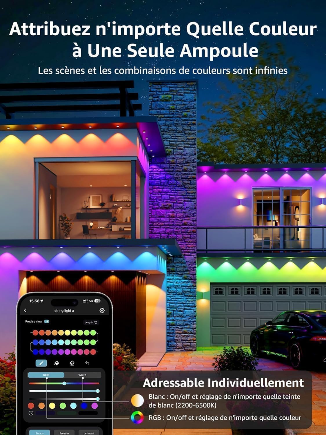 Lepro E1 IA Guirlande Lumineuse Intelligente 15M, Éclairage Extérieur Permanent 30 RGBIC LEDs, Concepteur d'Éclairage IA Personnalisé, Contrôle Vocal Music Sync Compatible avec Alexa Google Assistant