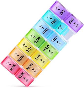Opret Weekly Pill Organiser, Small Pill Box 7 Day 2 Times a Day for AM PM, Portable Travel Tablet Organiser with 14 Removable Compartments, for Vitamins Supplements Medication Multicolor
