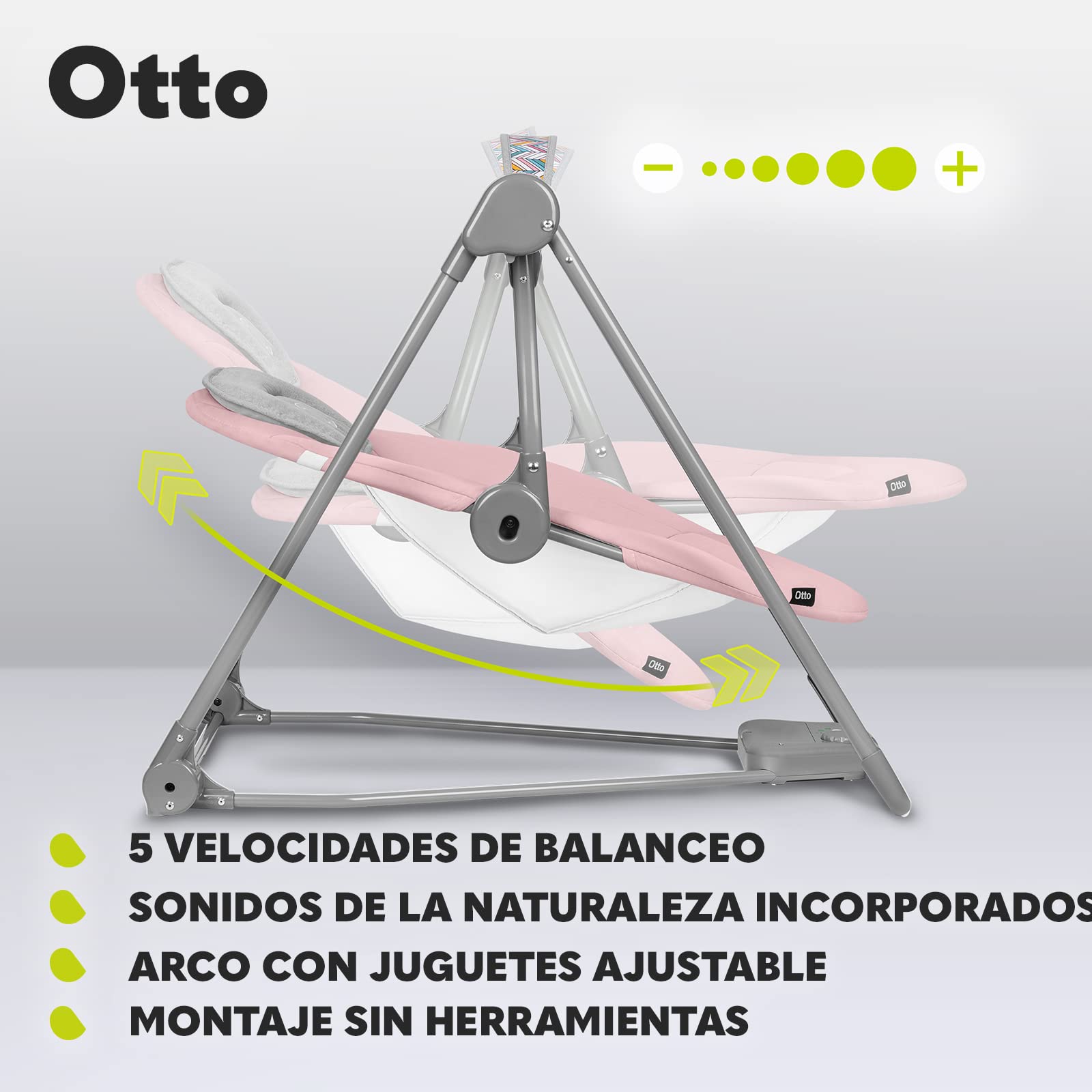 LIONELO Otto Columpio portátil para bebés hasta 9 kg, 5 velocidades de balanceo, Sistema de Cinturones de Seguridad, Fácil Montaje, Arco de Juguetes interactivos Ajustable (Rosa)