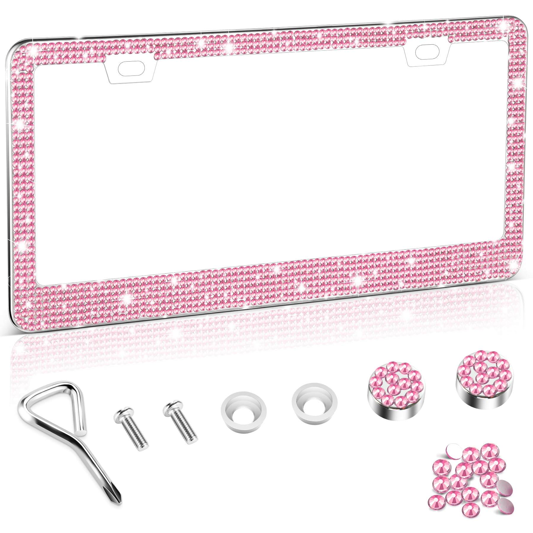 Amiss Bling License Plate Frame for Women, 1Pack Rhinestone Handcrafted Crystal Premium Stainless Steel, Stainless Steel Car Accessories with Diamond Sparkle Glitter Caps (Pink)