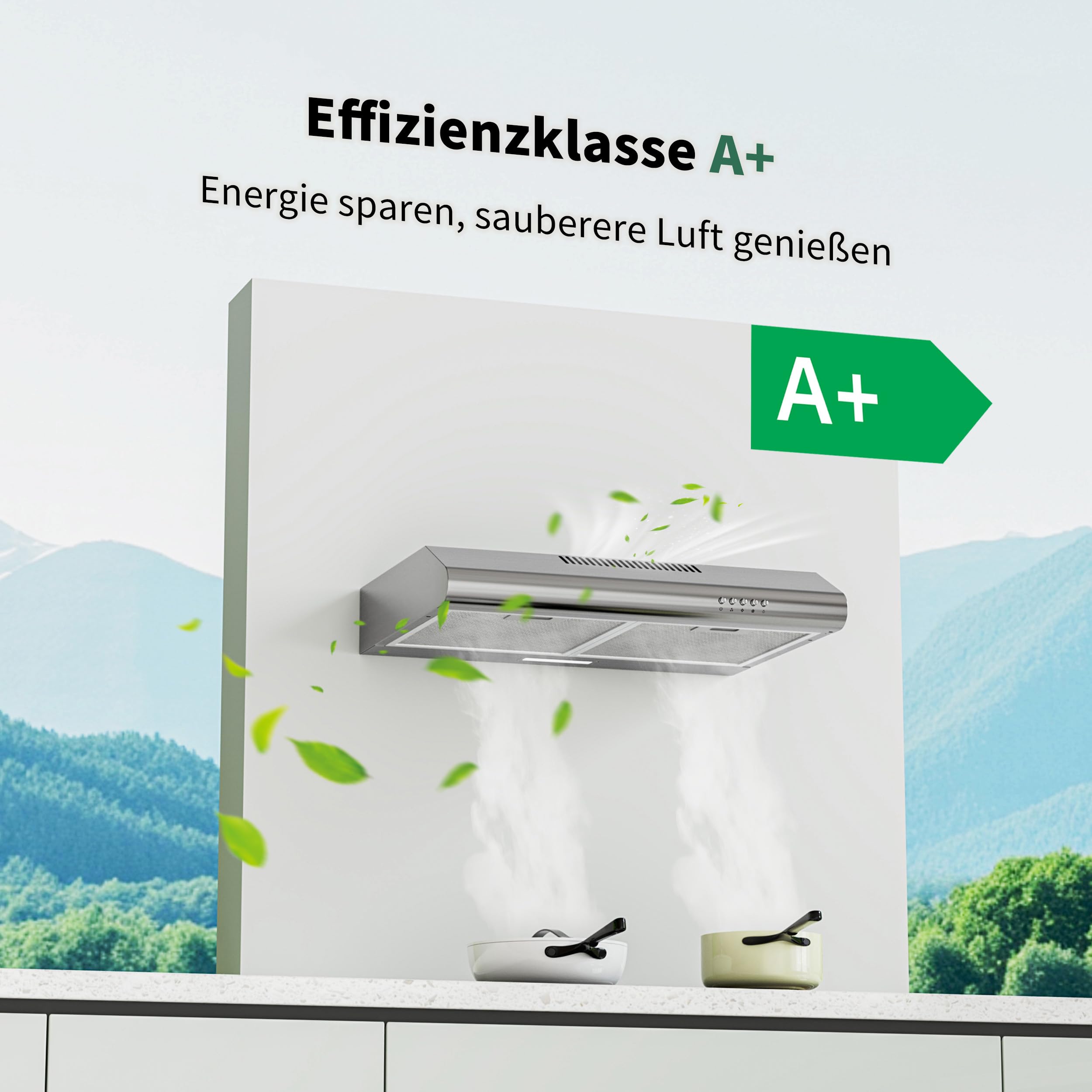FIREGAS Dunstabzugshaube 60 cm, Umluft- und Abluftbetrieb, 250 m³/h, 3 Leistungsstufen, inkl. Kohlefilter, energieeffizient A+, leise, LED-Beleuchtung, Edelstahl - 5