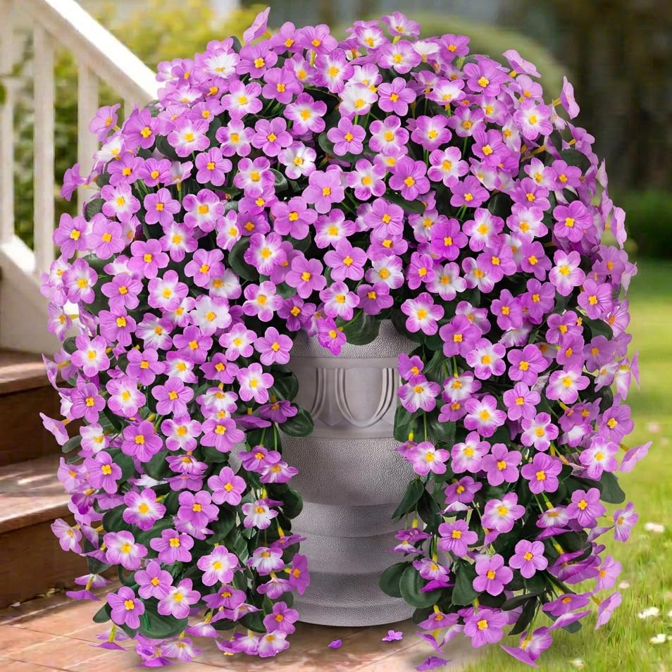 HyeFlora 2PCS Artificial Hanging Flowers for Outdoors Spring Decoration, Faux Daisy Plants Fake Silk Orchid Long Stems UV Resistant Mums for Home Garden Wall Party Indoor Outside Decor