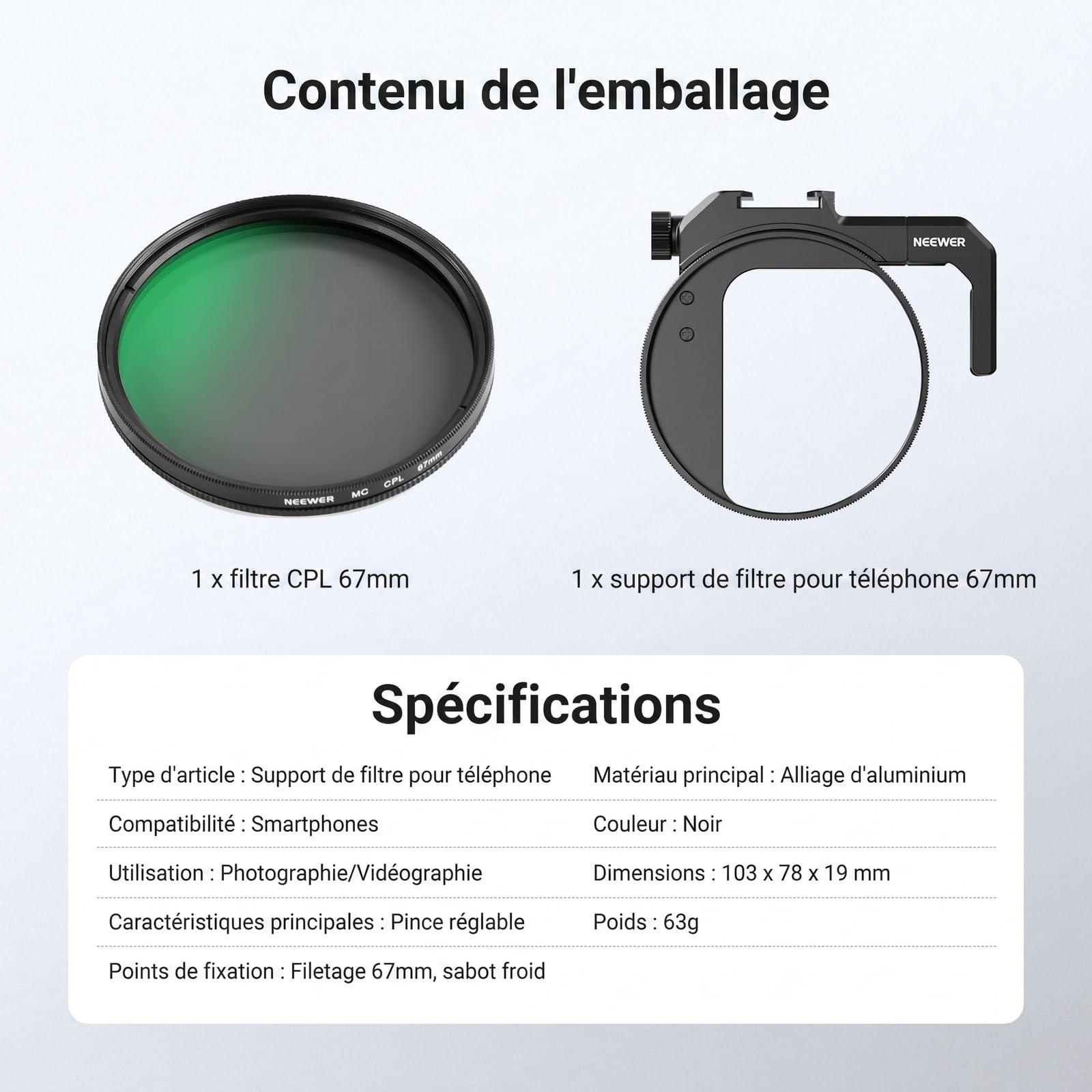 NEEWER 67mm Support de Filtre pour Téléphone avec Pince Réglable, Fixation pour Griffe Flash et Filtre CPL, Accessoires Photo Compatibles avec iPhone 17 16 15 14 Samsung Galaxy S26 Ultra S25, FL-112