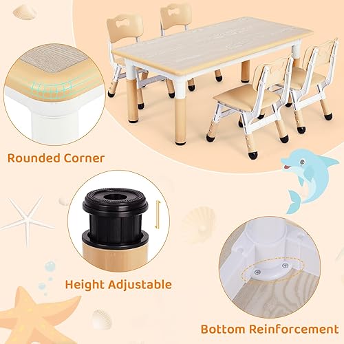 Miniatura 7 de Arlopu Juego de mesa de estudio y 6 sillas para niños, mesa de graffiti ajustable en altura, mesa de manualidades para actividades preescolares para