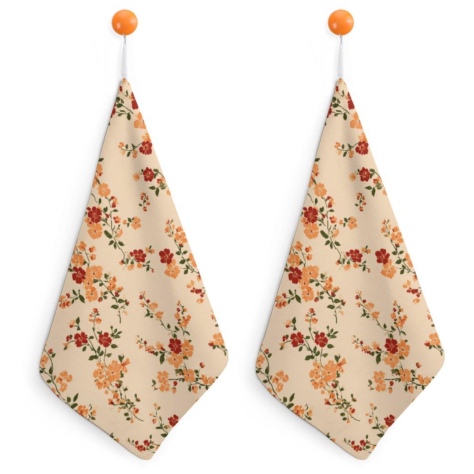 Jubonexis Vintage Orange Red Tiny Flowers Garden on Beige Small Hand Towel with Hanging Loop 2 PCS Absorbent Soft Wash Cloth for Kitchen Bathroom