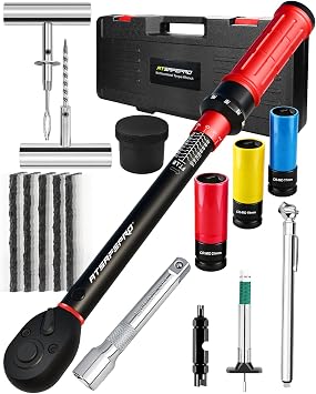 ATsafepro 1/2" Drive Torque Wrench Set, 10-170 ft-lb 3% Accuracy, 72-Tooth Click Torque Wrench with 17/19/21mm Lug Nut Sockets, Extension Bar, Tire Pressure Gauge & 20pcs Flat Tire Repair Kit for Car