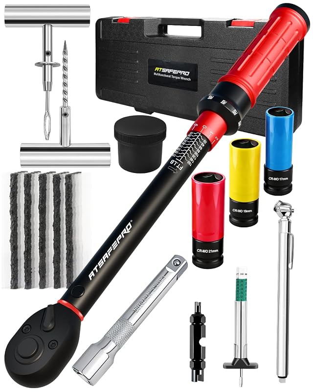 Kit de Chave de Torque ATsafepro 1/2 pol. de 13,6–230,5 N·m com Soquetes 17, 19 e 21 mm, Reparo de Pneus e Acessórios, 12 peças